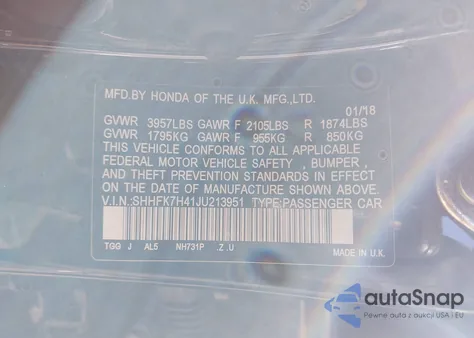 2018 Honda Civic Sport from USA, damaged, VIN SHHFK7H41JU213951